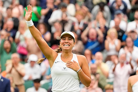 Jessica Bouzas Maneiro celebrates her win in first round of Wimbledon